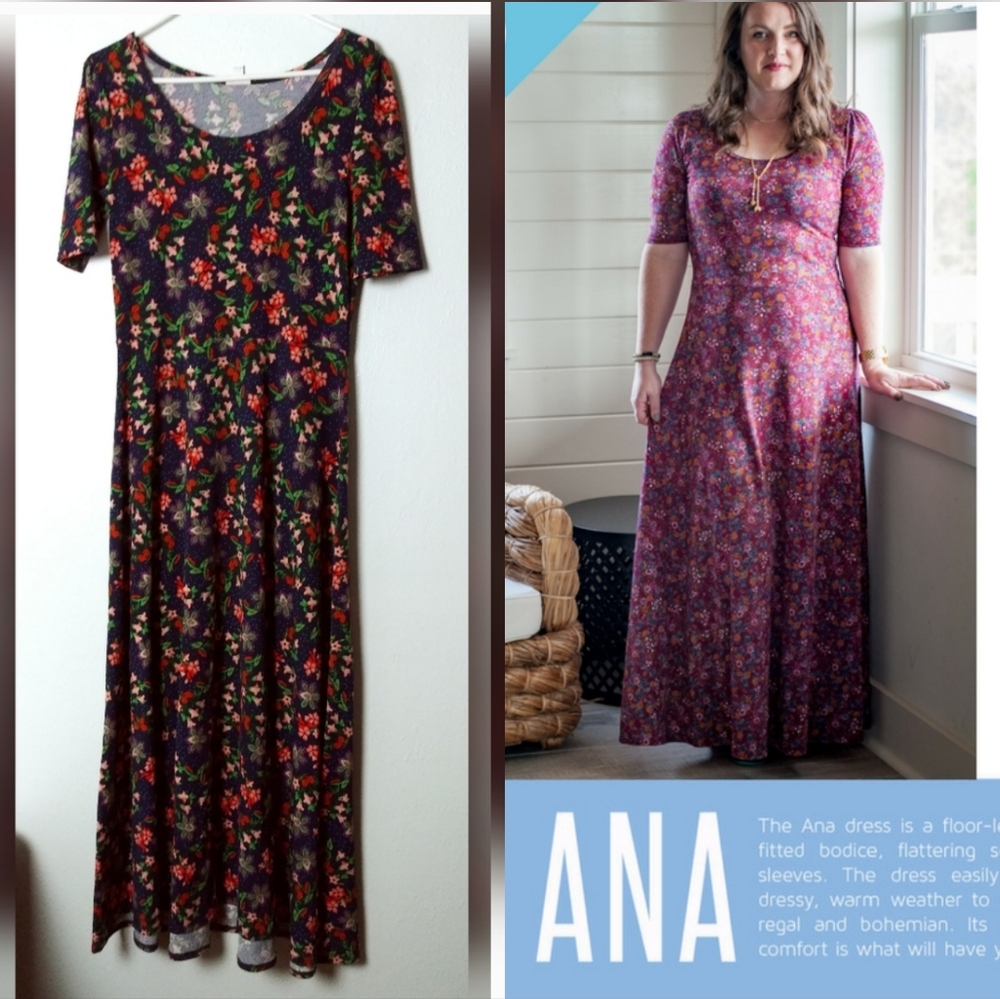 Lularoe Ana Maxi Full Length Knit Dress Size L 12-14 Navy Floral Print Casual